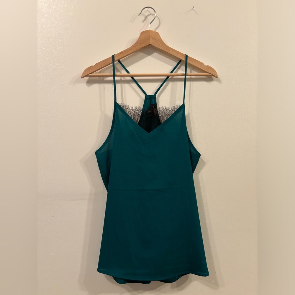 ✨ The Limited Dark Green Spaghetti Strap w/Black Lace Detail Polyester Top NWT